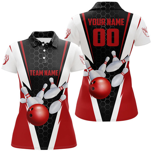 Custom Red Strike Bowling Polo Shirts For Women, Bowling Team Jerseys With Name And Number