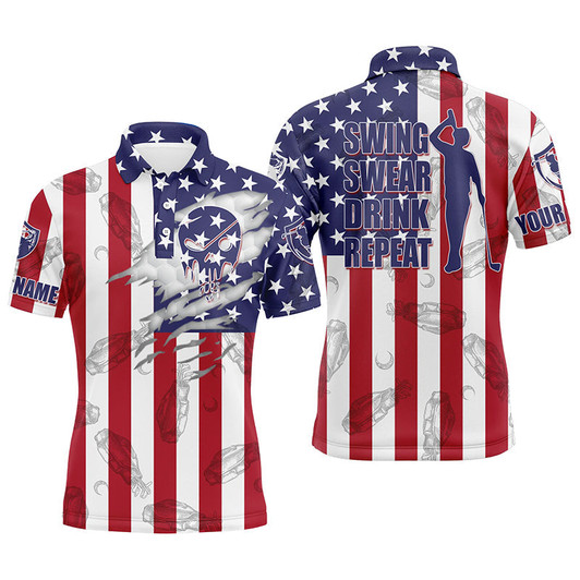 Custom Golf Men Polo Shirt, American Flag Custom Name Skull Golf Clubs Pattern Apparel, Personalized Gift For Golf Lover, Patriotic, Swing Swear Drink Repeat