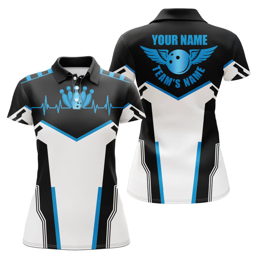 Custom Black White Bowling Shirts For Women Custom Name, Team Name Bowling Ball And Pins Womens Polo Shirts