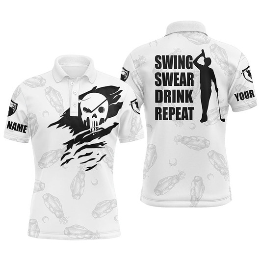 Custom Golf Men Polo Shirt - Custom Name Skull Golf Clubs Pattern White Apparel - Personalized Gift For Golf Lover, Team, Husband - Swing Swear Drink Repeat