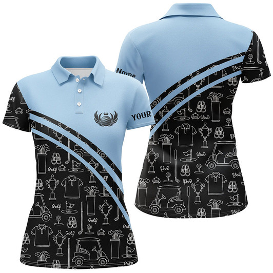 Custom Womens Golf Polos Shirts Custom Black Pattern Short Sleeve Golf Shirts, Golf Gift For Her | Blue