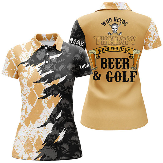 Custom Who Needs Therapy Argyle Pattern Skull Golf Polo Shirt Drinking Beer Golf Shirts For Women