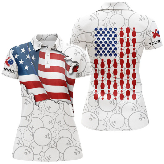 Custom Patriotic Women's Polo Bowling Shirt, Custom Ladies Bowlers Jersey Short Sleeve American Flag
