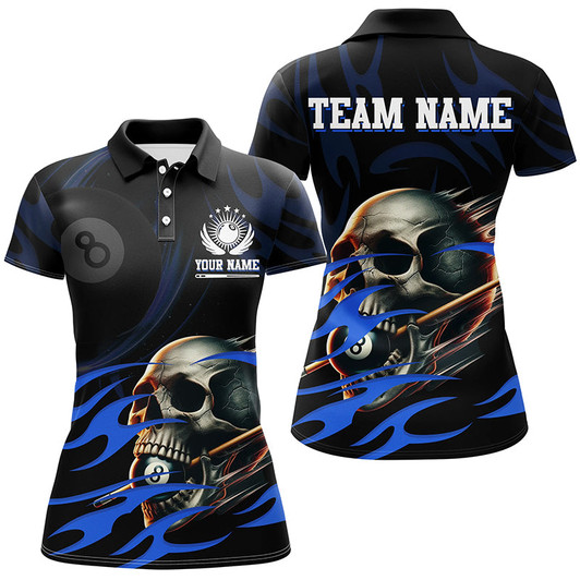Custom Funny Skull 8 Ball Pool Custom Billiard Polo & Quarter-Zip Shirts For Women, Billiard 8 Ball Jerseys