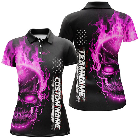 Custom Pink Flame Skull Custom Bowling Polo Shirts For Women, American Bowling Team Jerseys