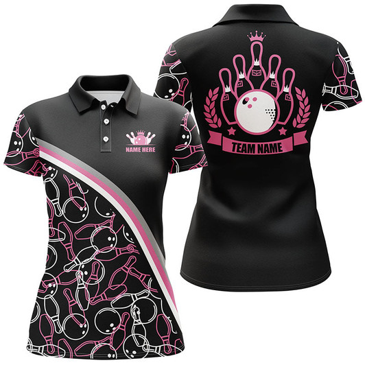 Custom Personalized Bowling Polo Shirts For Women Custom Name Pink Bowling Pattern, Bowling Team Shirts