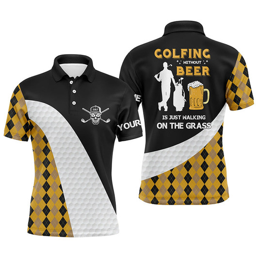 Custom Golf Men Polo Shirt - Argyle Pattern Custom Name Apparel - Personalized Gift For Golf Lover, Team - Golfing Without Beer Is Just Walking On The Grass
