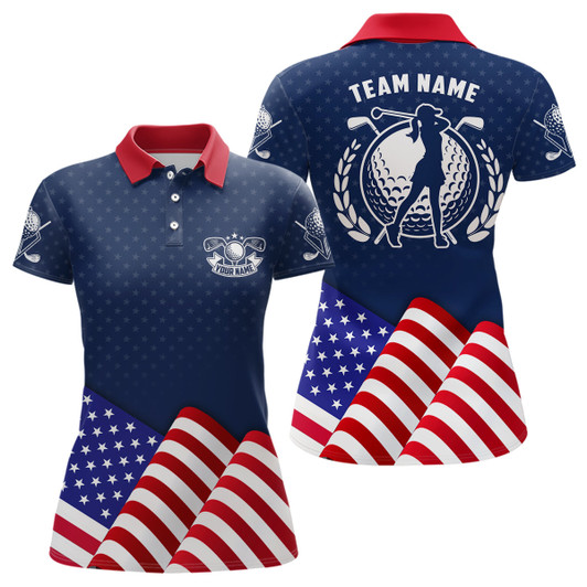 Custom Womens Golf Polo Shirts With Waving American Flag, Patriotic Us Golf Shirts For Women