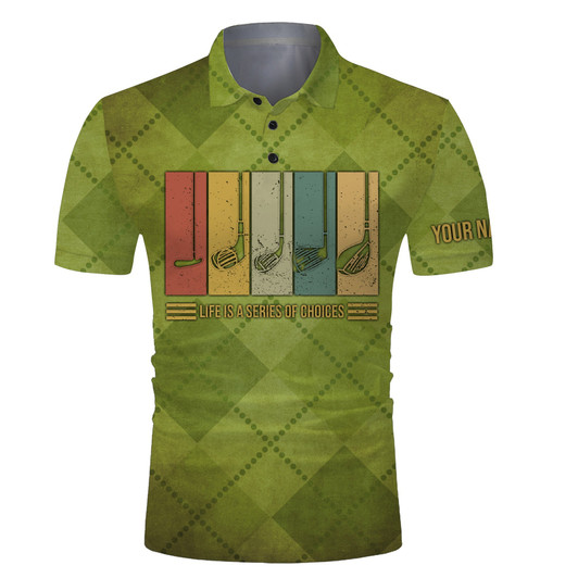 Custom Golf Custom Name Men Polo Shirt - Funny Green Argyle Pattern Apparel - Personalized Gift For Golf Lover, Team, Golfer - Life Is A Series Of Choices