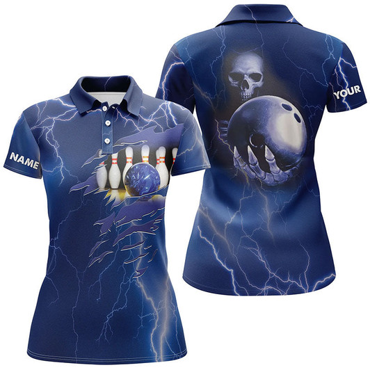Custom Personalized Bowling Polo Shirt For Women Blue Lightning Custom Name Team Skull Bowling Jerseys