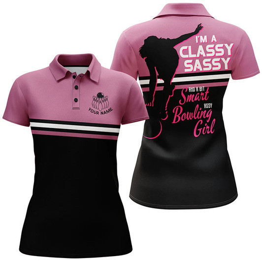 Custom Personalized Women Bowling Polo Shirt, Funny Assy Bowling Girl Pink Bowlers Jersey