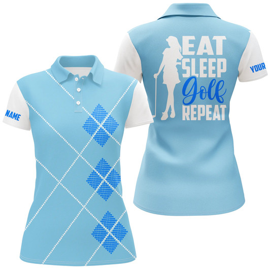 Custom Women Golf Polo Shirts Custom Name Eat Sleep Golf Repeat Blue Argyle Pattern Ladies Golf Top For Women