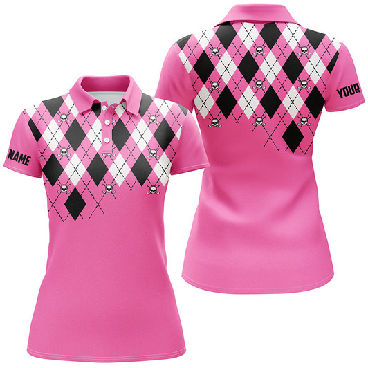 Custom Womens Golf Polo Shirt Plus Size Pink Argyle Plaid Golf Skull Pattern Custom Ladies Pink Golf Tops