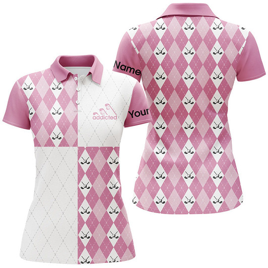Custom Golf Addicted Womens Golf Polo Shirts Custom Name Pink White Golf Ball Clubs Pattern, Team Golf Shirts