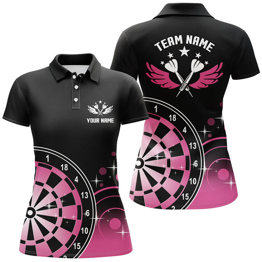 Custom Personalized Darts Wings Black Pink Polo Shirts Cute Darts Shirt For Women Dart Jersey