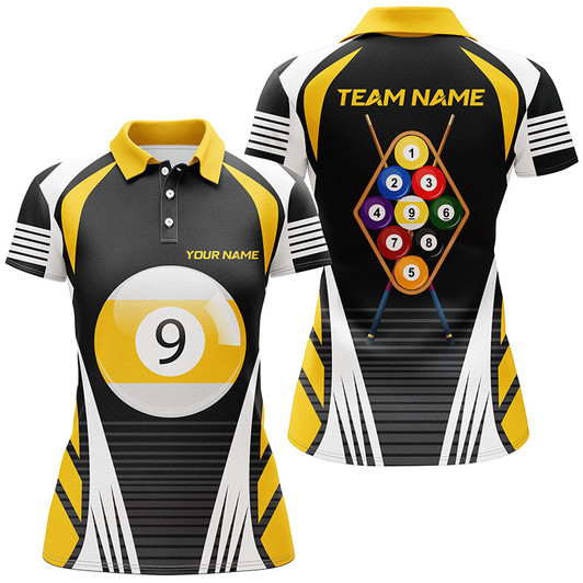 Custom Personalized Yellow White 9 Ball Pool 3D Polo Shirts For Women, Custom 9 Ball Team Billiard Jerseys