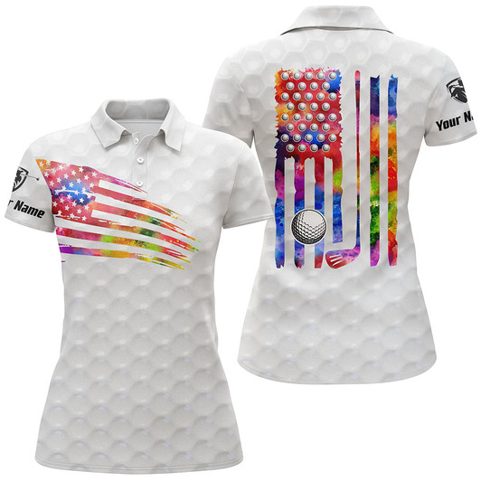 Custom Womens Golf Polo Shirt Watercolor American Flag Patriotic Golf Shirts Custom Ladies Golf Tops | White