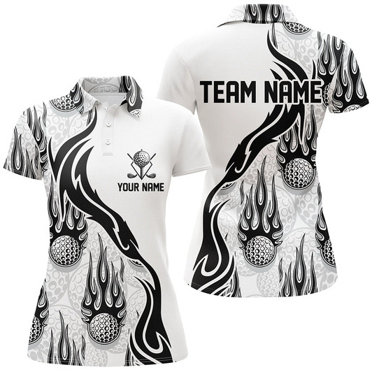 Custom Flame Golf Ball Black White Golf Polo Shirt Personalized Golf Shirts For Women Golfing Gifts