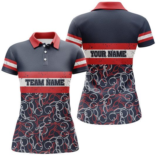Custom Women Bowling Polo Shirts Custom Name Red And Blue Vintage Bowling Team Bowlers Jerseys