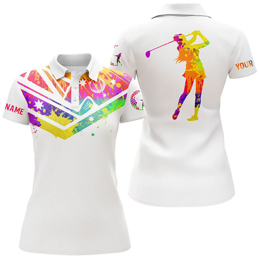 Custom Womens Golf Polo Shirts Watercolor Australia Flag Custom Name White Golf Shirt