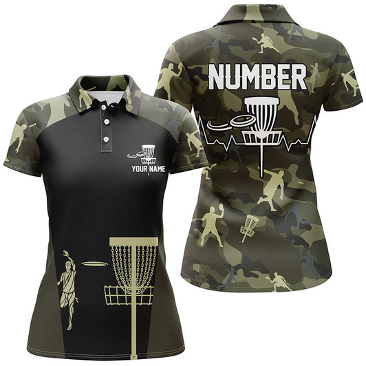 Custom Green Camo Womens Disc Golf Polo Shirts, Custom Camouflage Golf Shirts For Women, Disc Golf Gifts