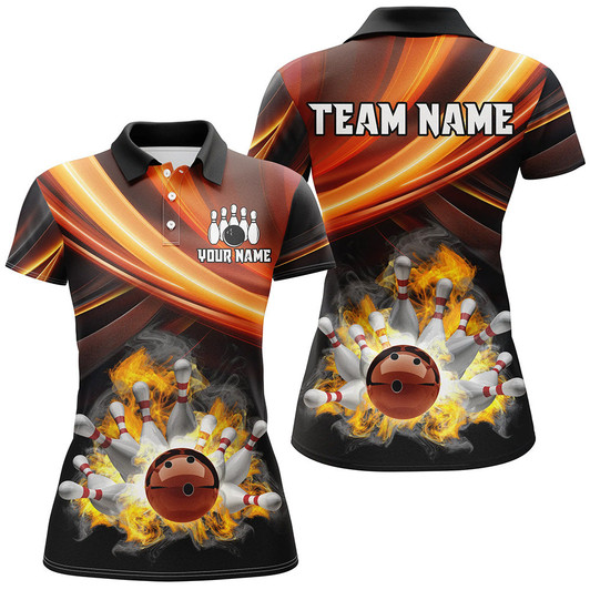 Custom Personalized Black And Orange Smoke Flame Bowling Polo, 1/4 Zip Shirts For Women, Cool Bowling Jerseys