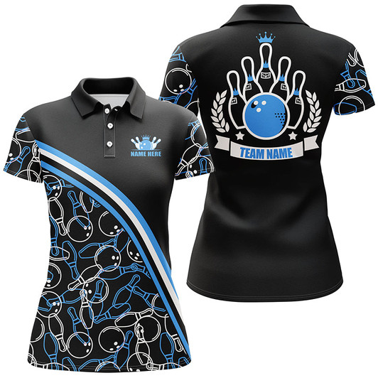 Custom Personalized Bowling Polo Shirts For Women Custom Name Black Blue Bowling Pattern, Bowling Team Shirts