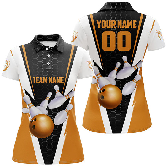 Custom Orange Strike Bowling Polo Shirts For Women, Bowling Team Jerseys Name And Number