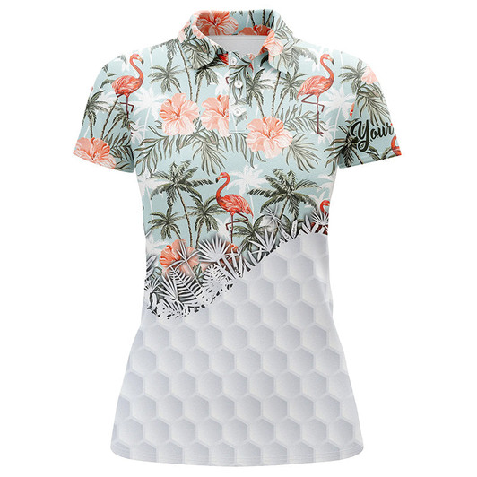 Custom Tropical Palm Trees Flamingo Hibiscus Pattern Custom Womens Golf Polo Shirts Team Ladies Golf Tops