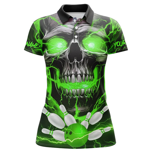 Custom Green Thunder Lightning Skull Bowling Team Jerseys Women Polo Shirts Bowling League