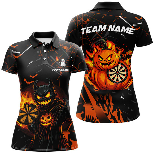 Custom Funny Pumpkin Fire Flame Custom Halloween Darts Shirts For Women, Halloween Gifts For Darts Lover