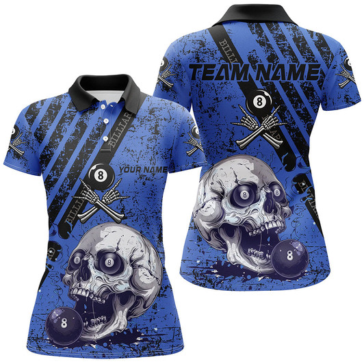 Custom Personalized Grunge Blue Billiard Skull Custom Women Billiard Shirts, Billiard Pool Team Club Uniform