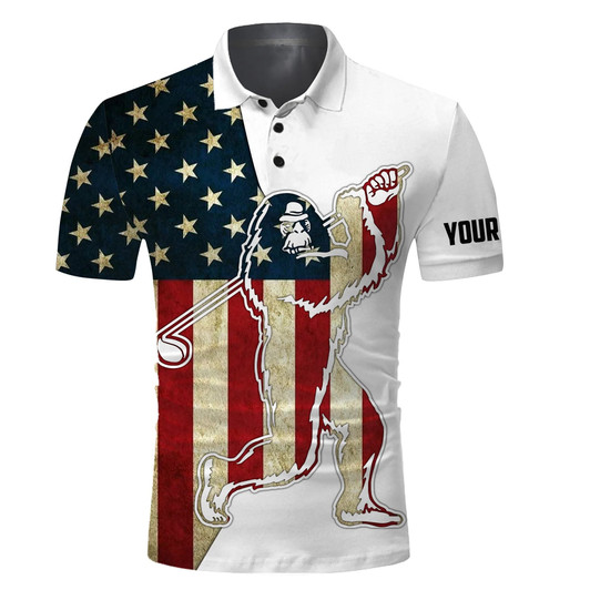 Custom Funny Bigfoot Golf Polo Shirts, Patriotic American Flag Custom Name Sasquatch Playing Golf Apparel - Personalized Gift For Men, Husband, Boyfriend