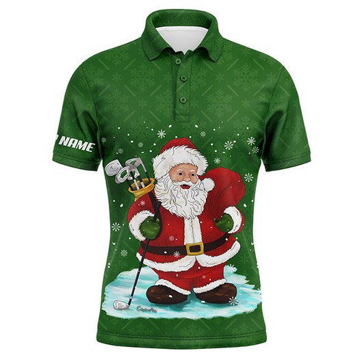 Custom Golf Men Polo Shirt - Custom Name Christmas Green Pattern Santa Golfer Apparel - Personalized Gift For Golf Lover, Team, Husband, Boyfriend