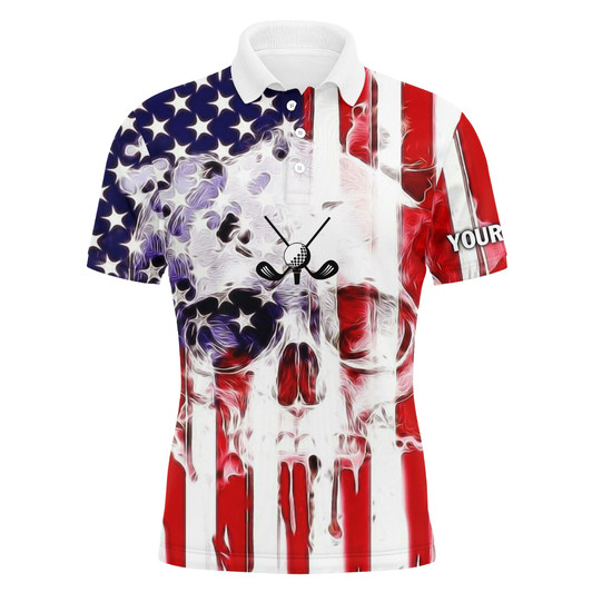 Custom Golf Custom Name Men Polo Shirt - Patriotic American Flag Skull Apparel - Personalized Best Gift For Golf Lover, Team, Golfer, 4th July
