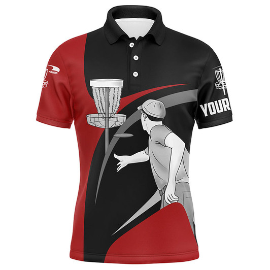 Custom Disc Golf Men Polo Shirt - Custom Name Red And Black Disc Golf Apparel - Personalized Gift For Disc Golf Lover, Male, Husband, Team