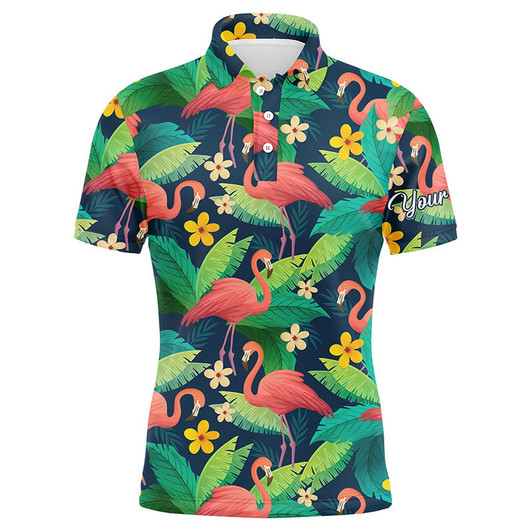 Custom Golf Men Polo Shirt - Custom Name Colorful Flamingo Pattern Green Tropical Leaves Apparel - Personalized Gift For Golf Lover, Team, Husband, Boyfriend