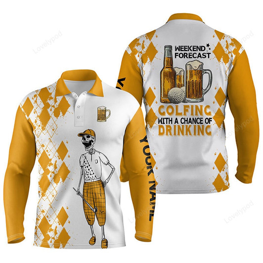 FUNSTUFFPRINT Funny Golf beer skull Men golf polos shirts, custom Weekend forecast golfing with a chance of drinking