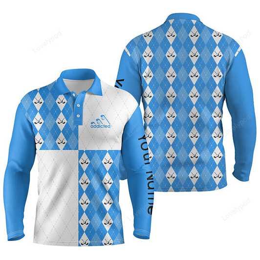 FUNSTUFFPRINT Golf addicted Men golf polo shirts, custom blue and white golf ball clubs argyle plaid pattern golf