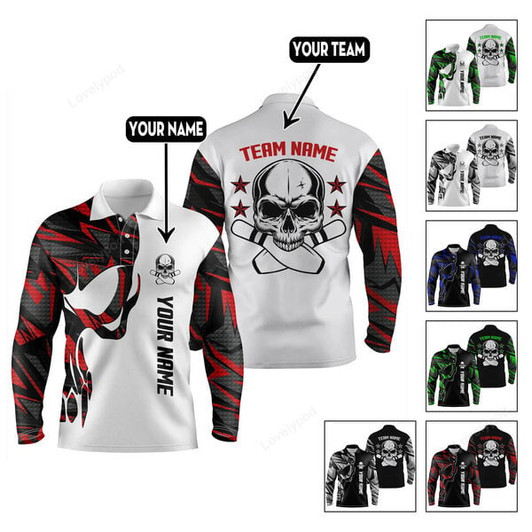 FUNSTUFFPRINT Custom Skull Bowling Polo Shirts For Team, Bowling Long Sleeve 3D Shirt for men and women