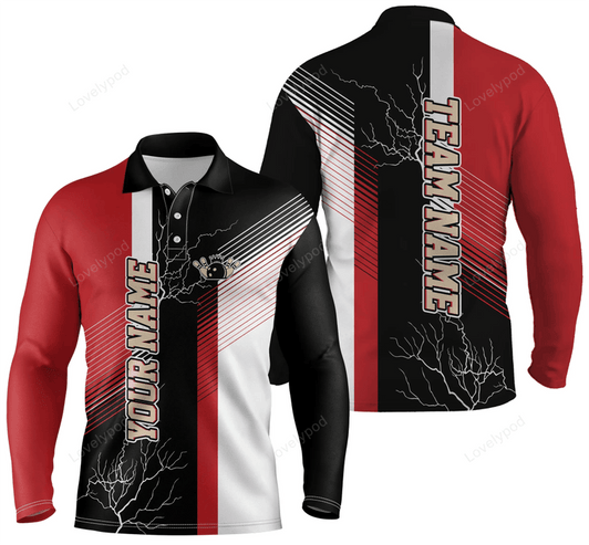 FUNSTUFFPRINT Red and black plaid pattern custom bowling Long sleeve Polo shirts for men, team bowling jerseys