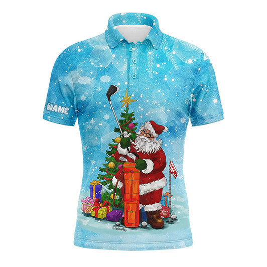 Custom Golf Men Polo Shirt - Custom Name Christmas Blue Snow Winter Santa Golfer Apparel - Personalized Gift For Golf Lover, Team, Husband, Boyfriend