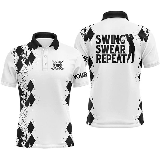 Custom Golf Men Polo Shirt - Custom Name Argyle Black White Swing Swear Repeat Apparel - Personalized Sports Gift For Golf Lover, Male, Husband, Boyfriend