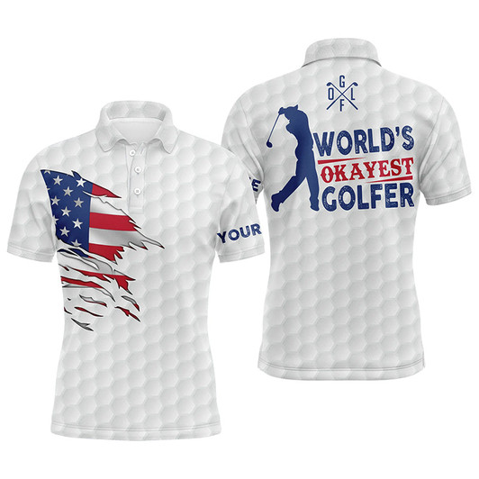 Custom Golf Men Polo Shirt - Custom Name White American Flag Apparel - Personalized Gift For Golf Lover, Male, Husband, Team Golf - World's Okayest Golfer