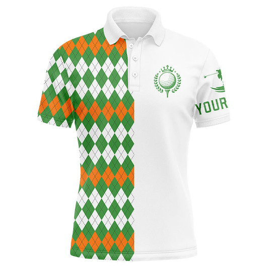 Custom Golf Men Polo Shirt - St Patrick's Day White Green Orange Argyle Plaid Pattern Custom Name Apparel - Personalized Gift For Golf Lover, Team