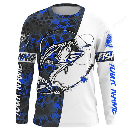 FUNSTUFFPRINT Custom Bass Fishing Camo Fishing Shirts, Personalized Fishing gifts for men blue camo  3D LONG SLEEVE SHIRT