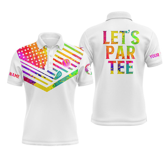 Custom Golf Men Polo Shirt - Watercolor American Flag Patriot Custom Name White Apparel - Personalized Gift For Golf Lover, Team, Golfer - Let’s Par Tee