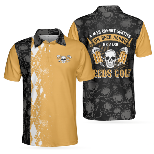 Custom Argyle Pattern Men Polo Shirt, A Man Cannot Survive On Beer Alone He Also Needs Golf Polo Shirt, Skull Beer Drinking Golf Shirt, Gift For Golfers