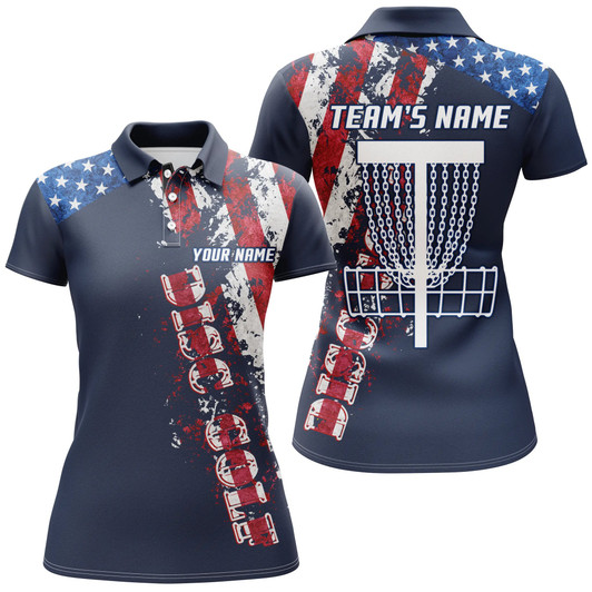 Custom American Flag Patriotic Womens Disc Golf Polo Shirt Custom Team Disc Golf Basket Shirts | Blue Navy