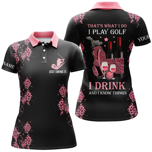 Custom Pink Leopard Womens Golf Polo Shirts Custom Name Funny Golf Wine That's What I Do, I Play Golf